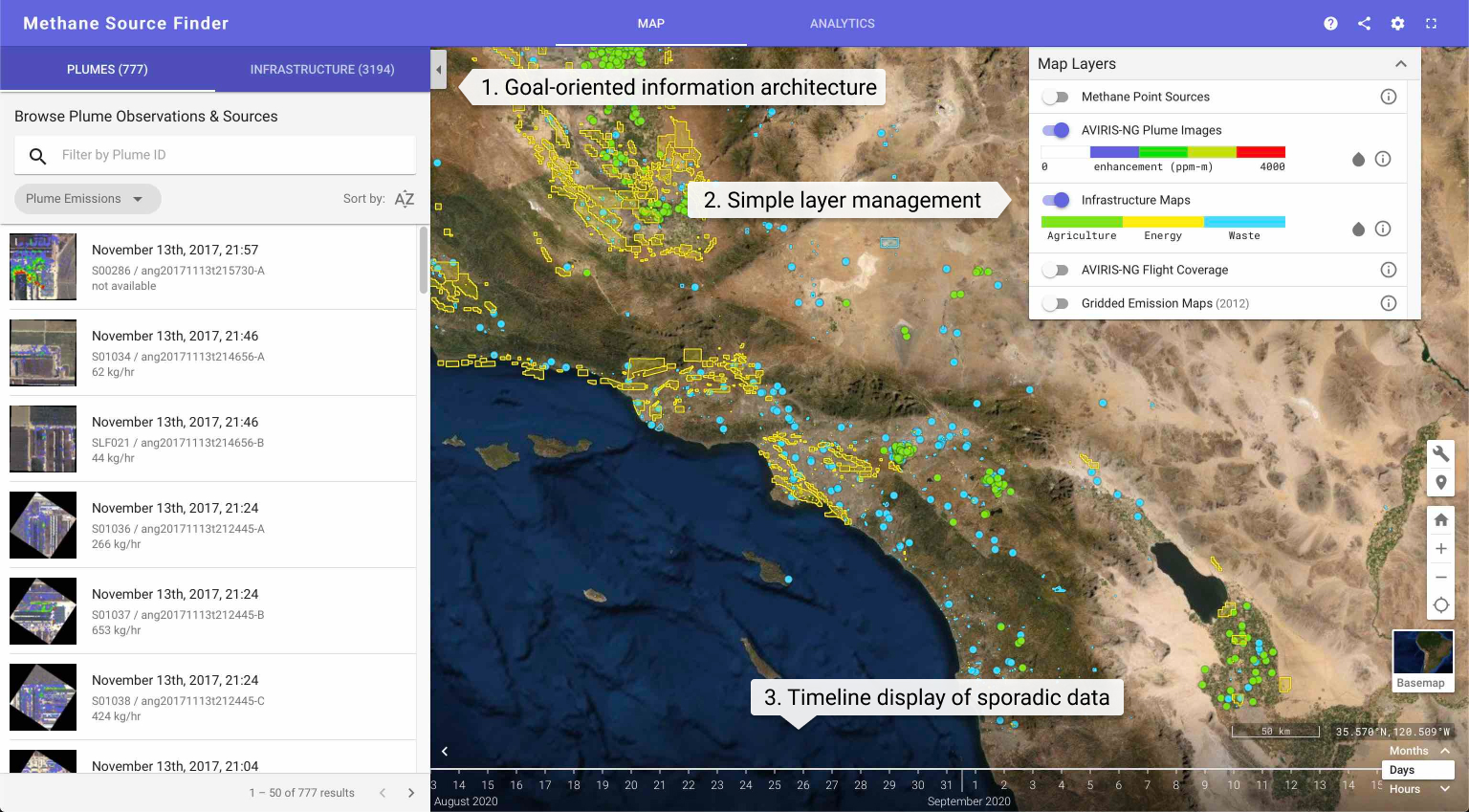 Methane Source Finder web application interface showing a map with methane emission data points and various UI controls